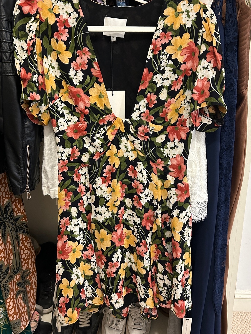 Reformation Black Floral V-Neck Mini Dress with Pink and Yellow Blooms